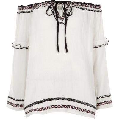 River Island Womens White Embroidered Trim Bardot Smock Top