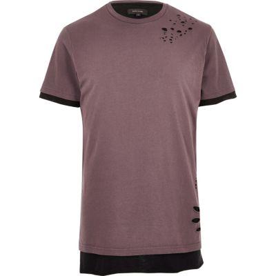 River Island Menspink Distressed Layered Longline T-shirt