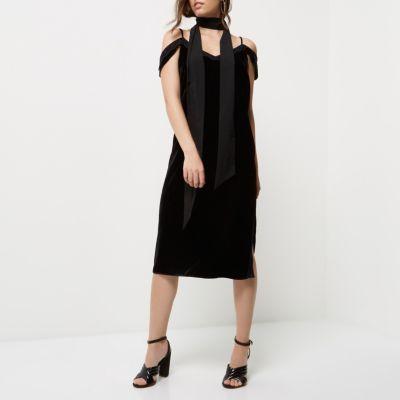 River Island Womens Petite Velvet Cold Shoulder Slip Dress