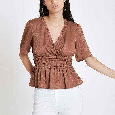 River Island Womens Copper Leaf Print Shirred Wrap Top