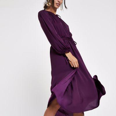 River Island Womens Tie Neck Shirred Midi Dress