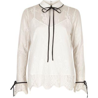 River Island Womens White Lace Frill Tie Neck Blouse