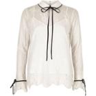 River Island Womens White Lace Frill Tie Neck Blouse