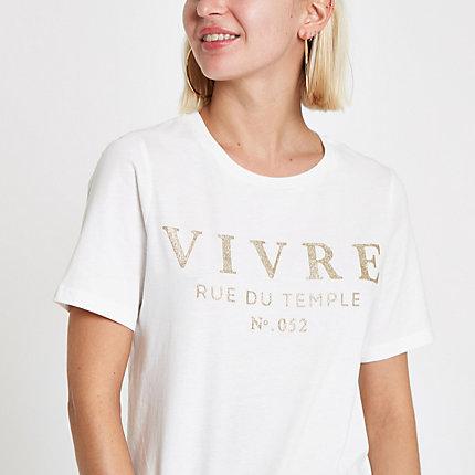 River Island Womens White 'vivre' Glitter T-shirt
