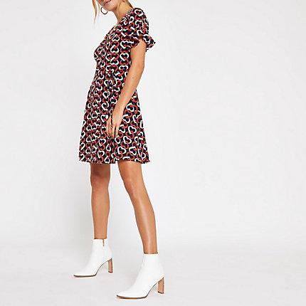 River Island Womens Heart Print Tie Waist Tea Dress