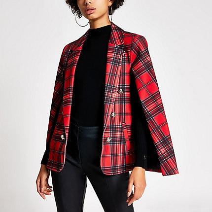 River Island Womens Tartan Crested Button Cape Blazer