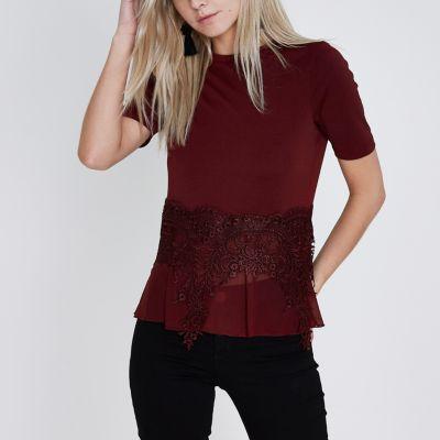 River Island Womens Petite Lace Sheer Hem T-shirt
