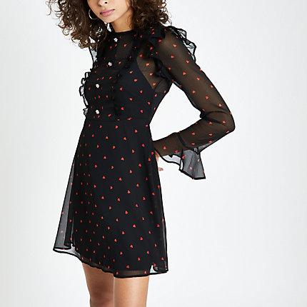 River Island Womens Heart Print Frill Tea Dress