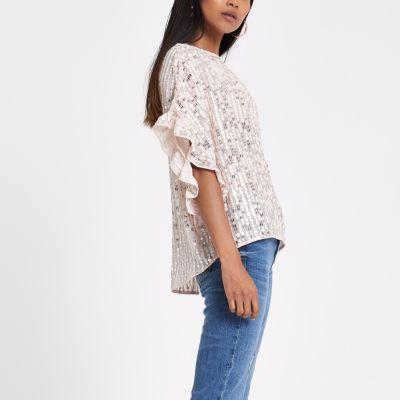 River Island Womens Petite Sequin Frill Sleeve Top