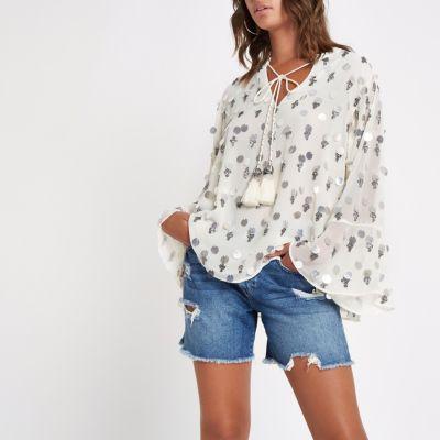 River Island Womens White Embellished Tassel Tie Top