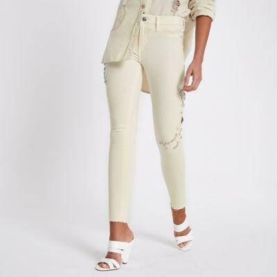 River Island Womens White Molly Mid Rise Rhinestone Jeans