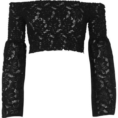 River Island Womens Lace Flare Sleeve Bardot Crop Top