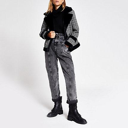 River Island Womens Dogtooth Check Faux Fur Trim Jacket