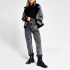River Island Womens Dogtooth Check Faux Fur Trim Jacket
