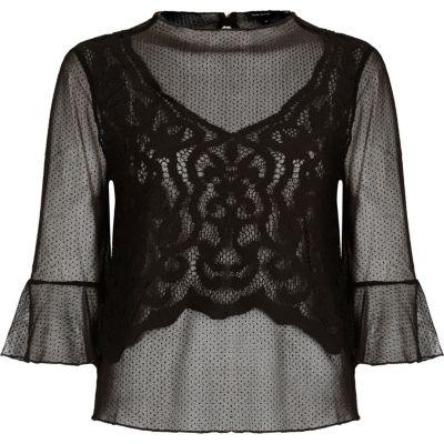 River Island Womens Mesh Lace Flared Sleeve Top