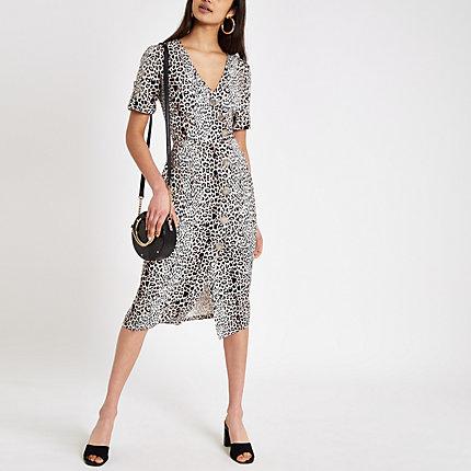 River Island Womens Leopard Print Button Midi Dress
