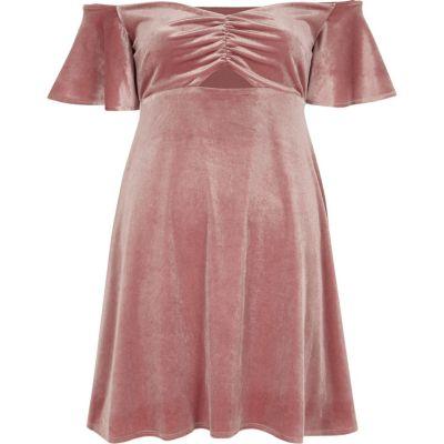 River Island Womens Velvet Ruched Bardot Mini Skater Dress