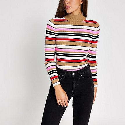 River Island Womens Stripe High Neck Long Sleeve Knitted Top