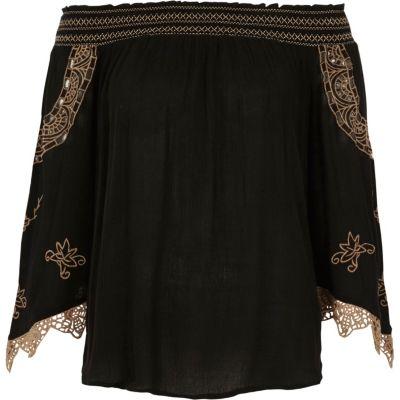 River Island Womens Embroidered Shirred Bardot Top