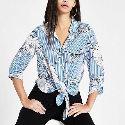 River Island Womens Stripe Floral Print Tie Front Shirt