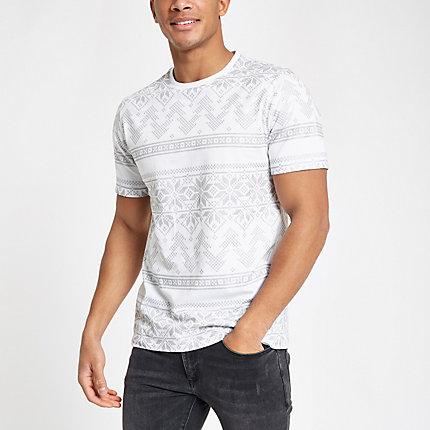 River Island Mens White Slim Fit Christmas Foil Print T-shirt