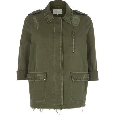 River Island Womens Petite Studded Distressed Army Jacket