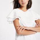 River Island Womens White Broderie Frill Sleeve T-shirt