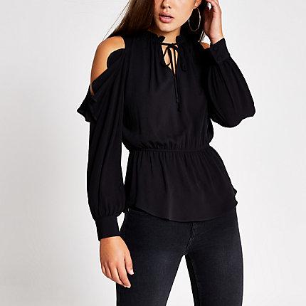 River Island Womens Tie Neck Cold Shoulder Blouse