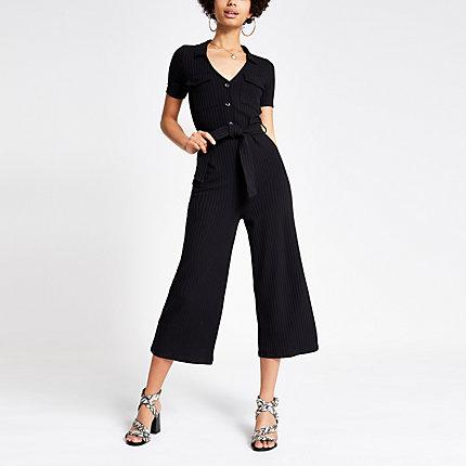 River Island Womens Ribbed Tie Waist Utility Jumpsuit