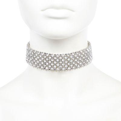 River Island Womens Silver Tone Wide Diamante Choker