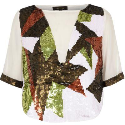 River Island Womens White Sequin Embellished Crop Top
