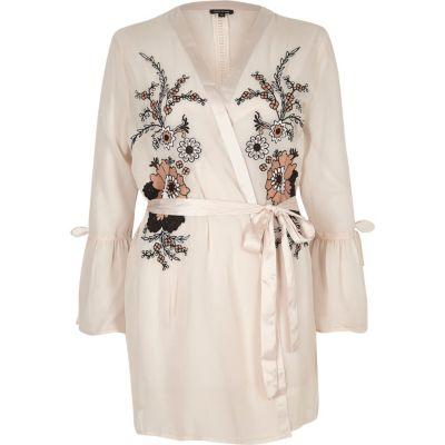River Island Womens Floral Embroidered Frill Sleeve Robe