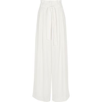 River Island Womens White Paperbag Waist Wide Leg Trousers