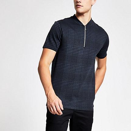 River Island Mens Check Zip Neck Slim Fit Polo Shirt