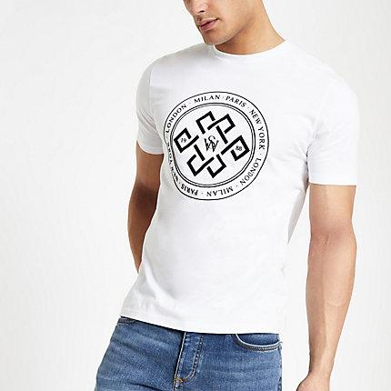 River Island Mens White Circle Flock Slim Fit T-shirt