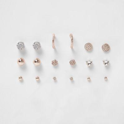 River Island Womens Rose Gold Tone Rhinestone Stud Earrings Pack