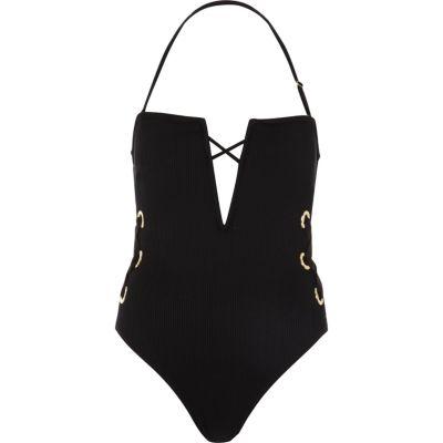 River Island Womens Rib Bandeau Tie Side Swimsuit