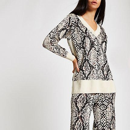 River Island Womens Snake Print V Neck Jumper
