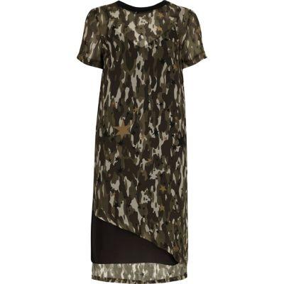 River Island Womens Sheer Camo Asymmetric Hem T-shirt Dress