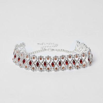 River Island Womens Silver Tone Rhinestone Jewel Choker