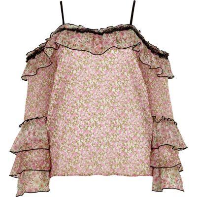 River Island Womens Floral Print Frill Cold Shoulder Top