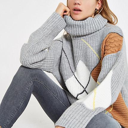 River Island Womens Argyle Roll Neck Knit Jumper