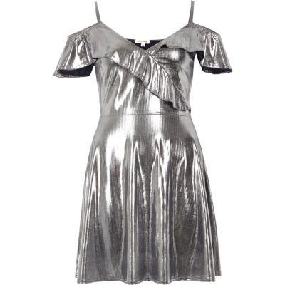 River Island Womens Silver Frill Skater Dress