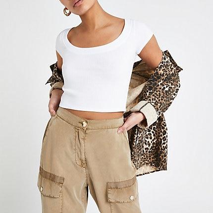 River Island Womens White Ribbed Scoop Neck Crop T-shirt