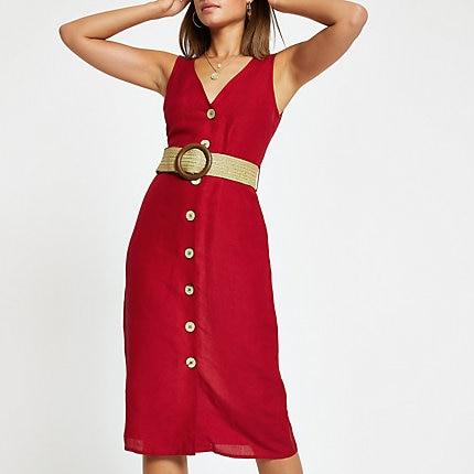 River Island Womens Belted Button Front Midi Dress