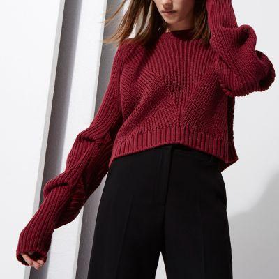 River Island Womens Berry Ri Studio Rib Knit Ruched Sleeve Jumper