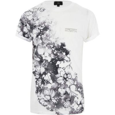River Island Mens White Floral Splatter Slim Fit T-shirt