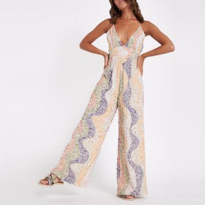 River Island Womens Sequin Embellished Plunge Jumpsuit