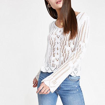River Island Womens White Crochet Long Sleeve Top
