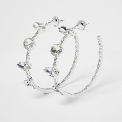 River Island Womens Silver Tone Diamante Jewel Hoop Earrings
